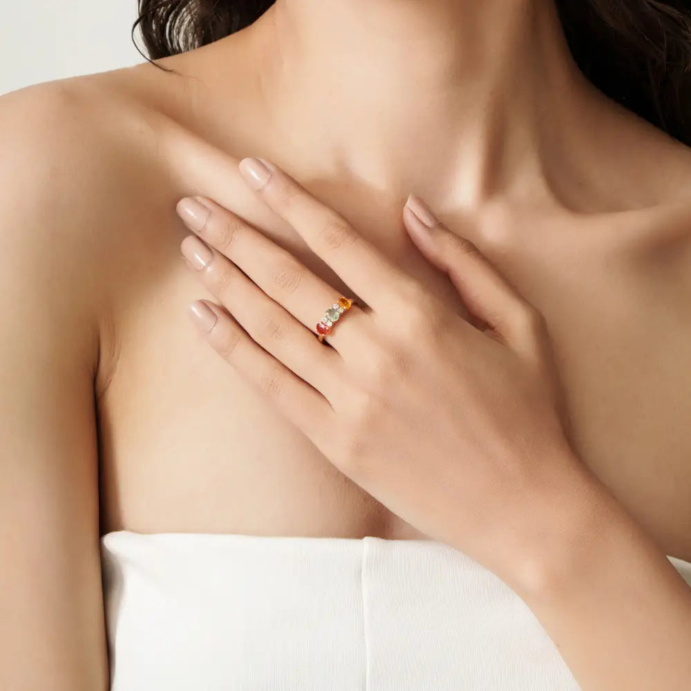 Minimal Simply Multi Sapphire & Diamond Fine Three Stone Ring Pure 14K Yellow Gold Jewelry