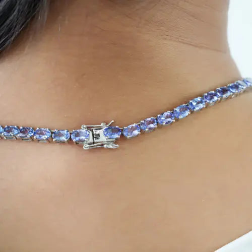 Handcrafted 925 Sterling Silver Oval Tanzanite Gemstone Tennis Necklace For Women's Fine Jewelry