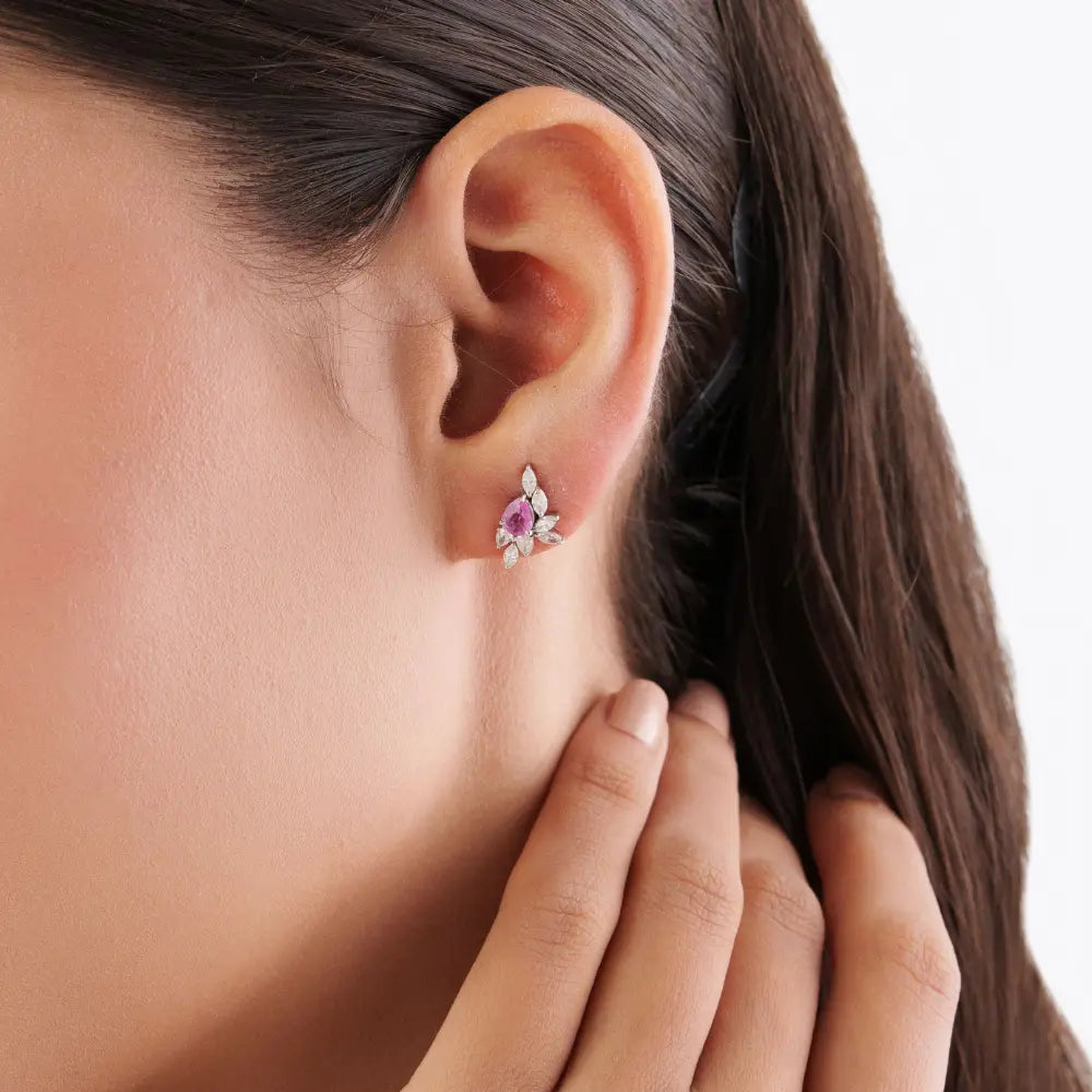 Unique Design Pink Sapphire & Diamond Stud Earrings Birthstone Jewelry 14K White Gold