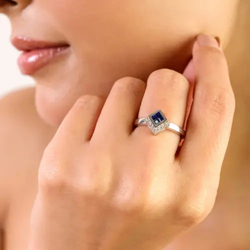Hot Selling Kite Shape Princess Cut Blue Sapphire & Round Diamond 925 Sterling Silver Ring