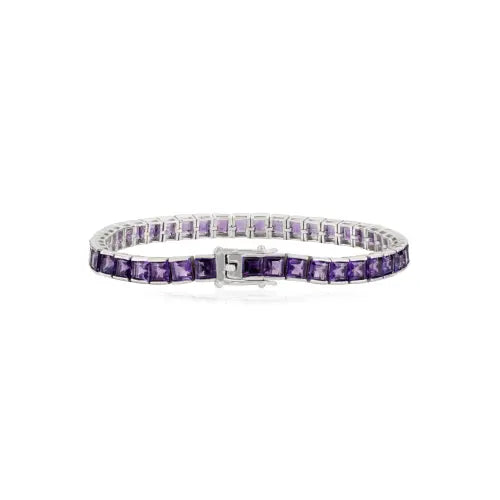 4x4 mm Princess Cut Natural Amethyst Gemstone 925 Silver Tennis Bracelet For Women's