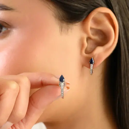 Pear Cut Natural Blue Sapphire & Diamond Half Hoops 925 Silver Studs Earrings