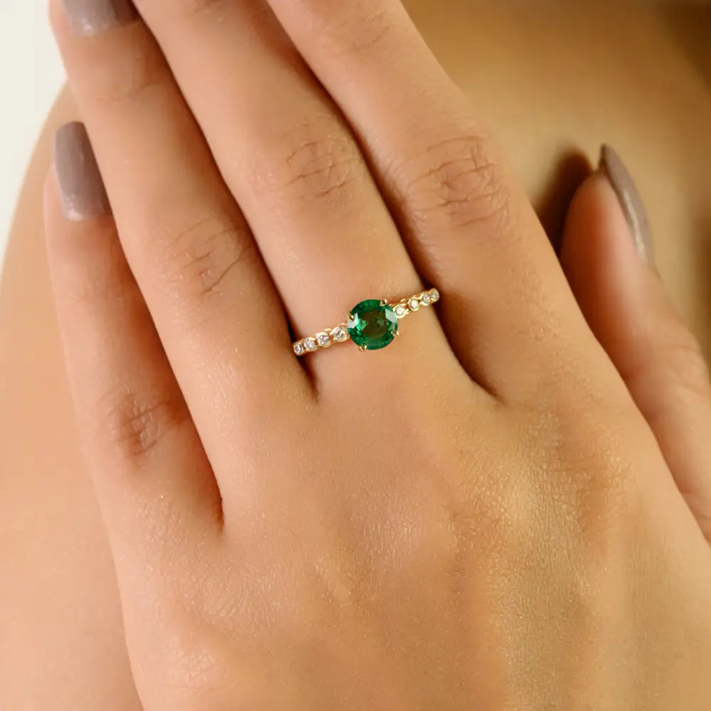 5.6 MM Round Gemstone Emerald & Diamond Engagement Ring Everyday Jewelry 14K Yellow Gold