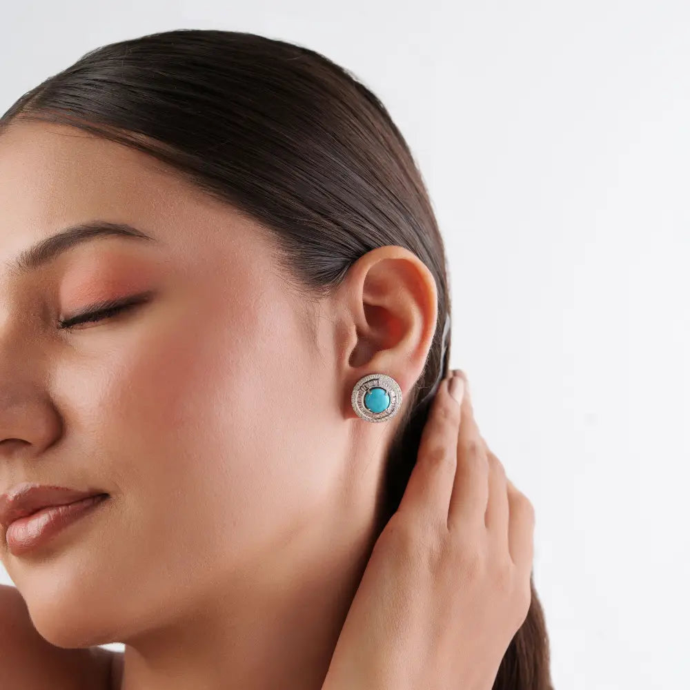 Trending Products 14K White Gold Turquoise & Diamond Round Shape Double Halo Stud Earrings