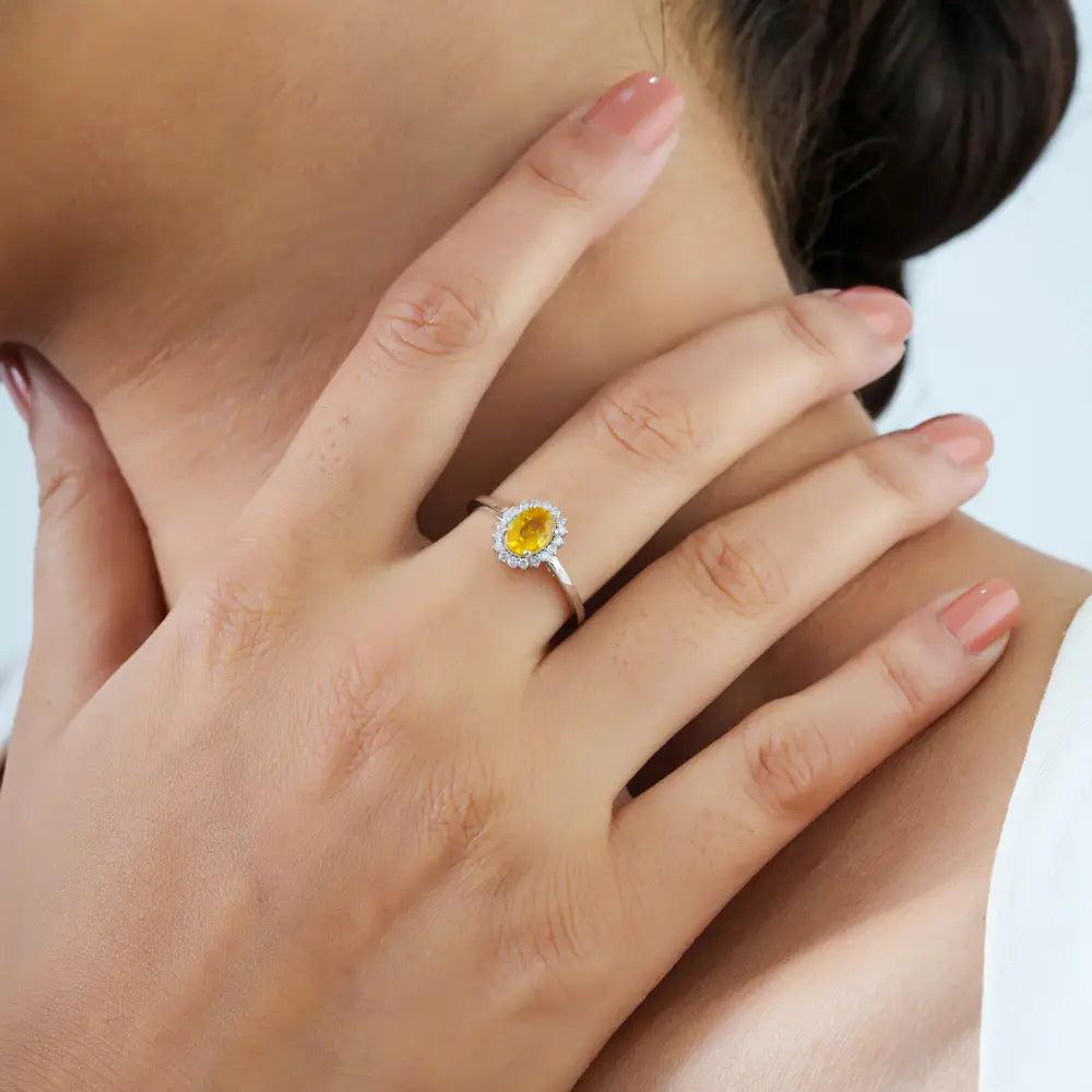 0.85ct. Yellow Sapphire & Diamond Fine Cluster Ring Engagement Jewelry 14K White Gold