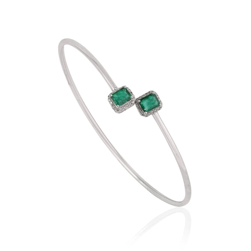925 Silver Two Stone Natural Emerald & Diamond Halo Open Cuff Bangle For Women