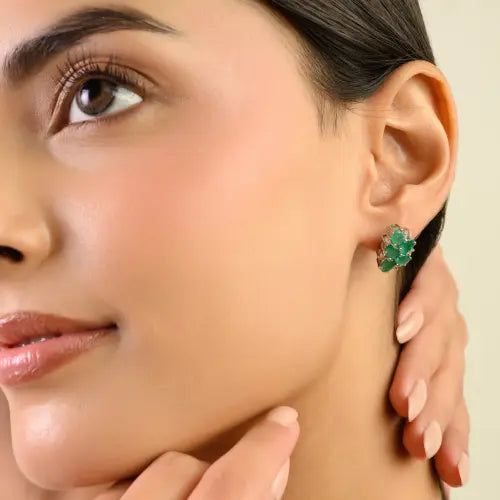 Unique Floral Design Cluster 925 Sterling Silver Natural Emerald & Diamond Stud Earrings For Girls