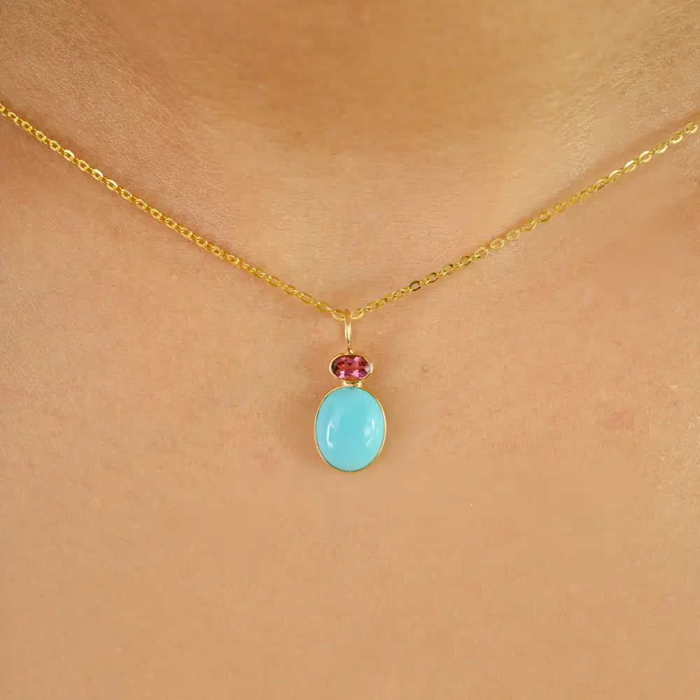 Elegant Design Turquoise & Pink Tourmaline K18 Yellow Gold Two Stone Minimal Pendant