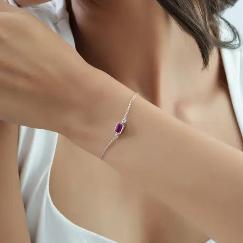 Octagon Shape Natural Ruby Dainty Station Bracelet Real 925 Silver Minimal Jewelry