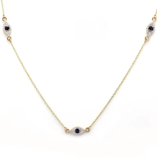 Handmade Natural Diamond & Sapphire 14K Yellow Gold Evil Eye Necklace