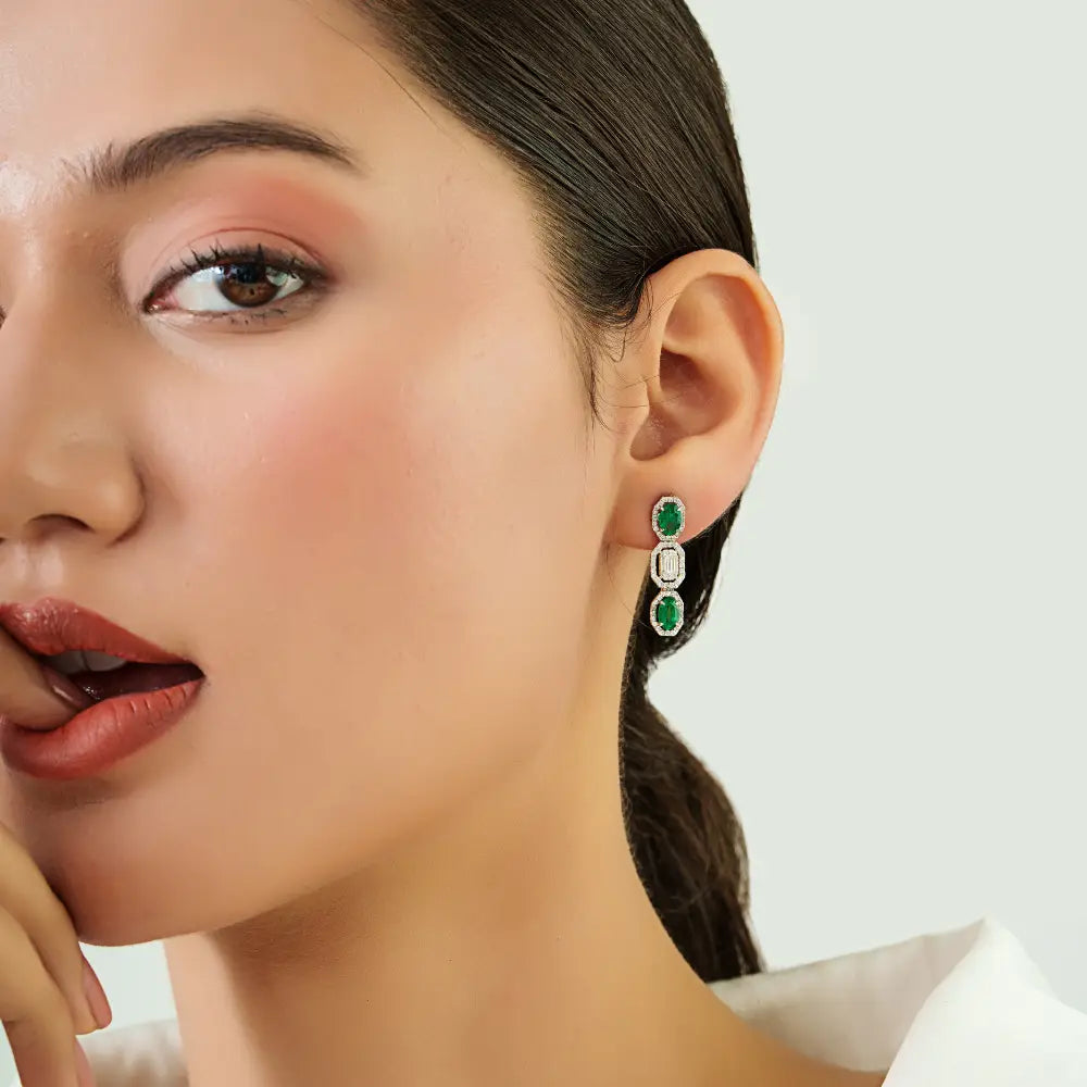 May Birthstone Genuine Emerald & Diamond Drop Earrings Luxury 14K White Gold Jewelry