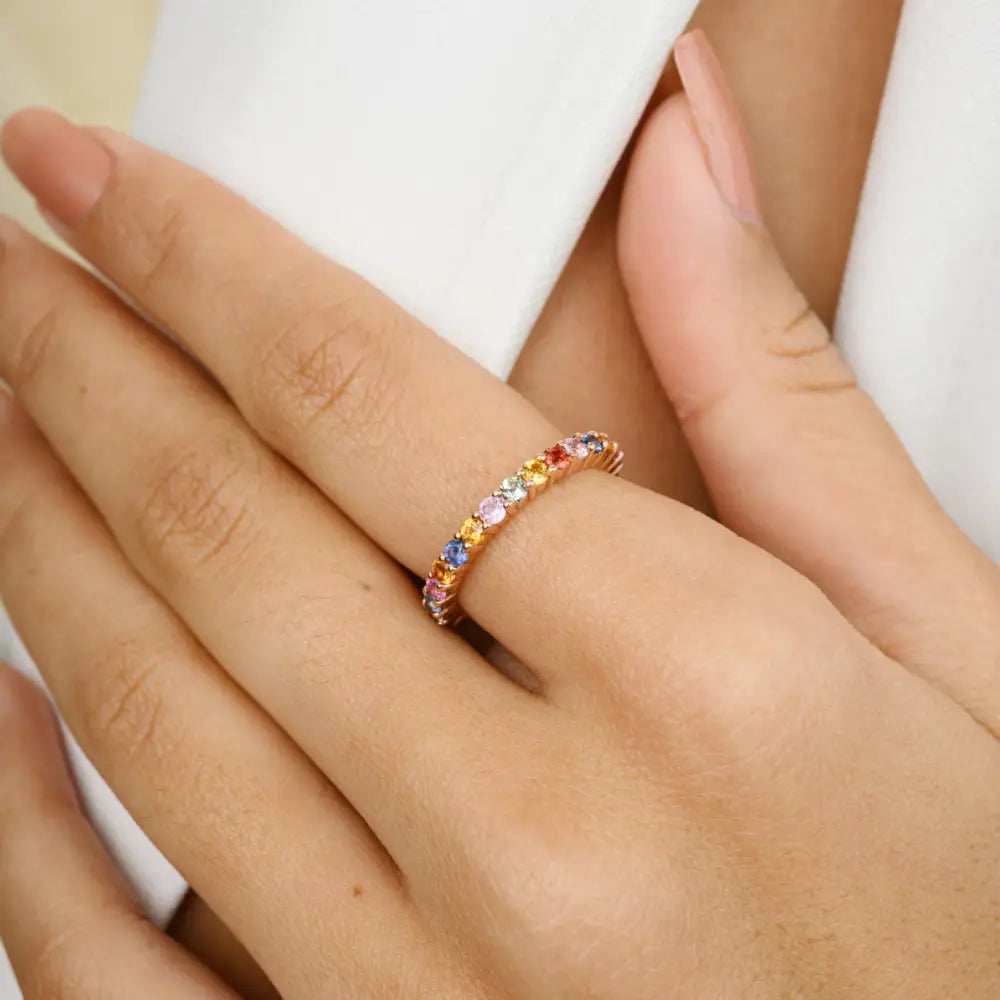 Minimalist Jewelry 14K Rose Gold Natural Multi Gemstone Eternity Band Ring