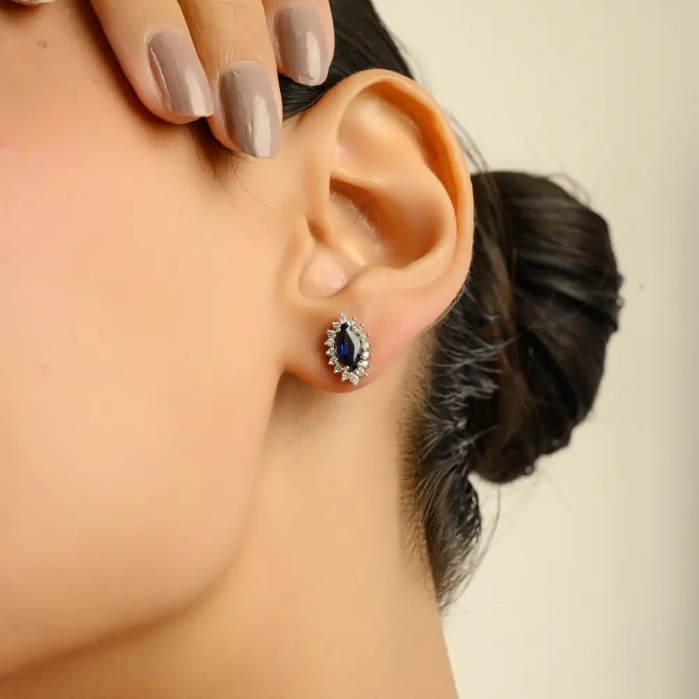 Marquise Shape Blue Sapphire & Diamond 14K Real White Gold Cluster Stud Earrings