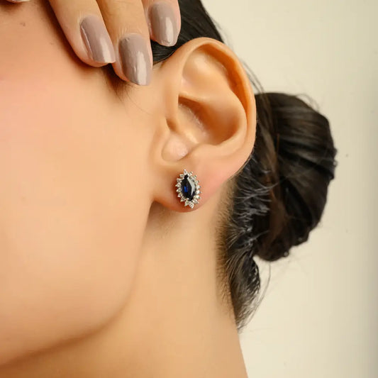 Marquise Shape Blue Sapphire & Diamond 14K Real White Gold Cluster Stud Earrings