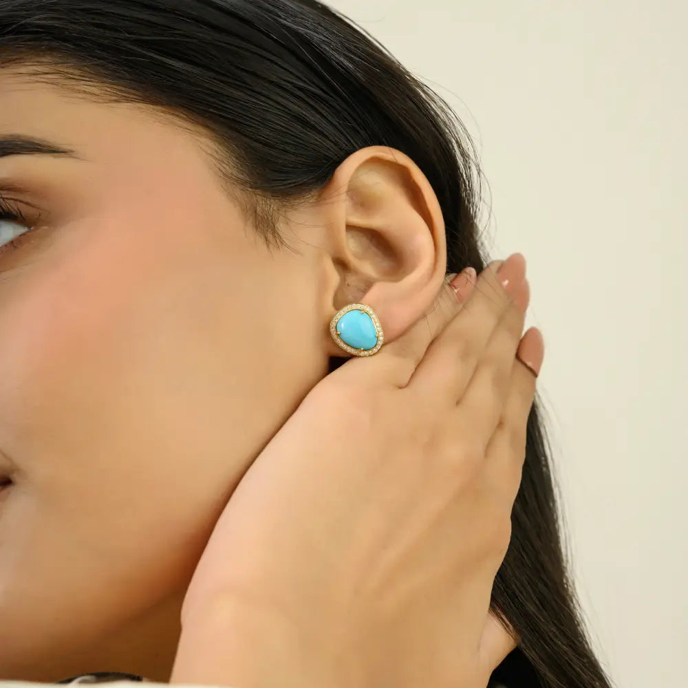 Uneven Shape Turquoise & Diamond Halo Stud Earrings K14 Yellow Gold Women Jewelry