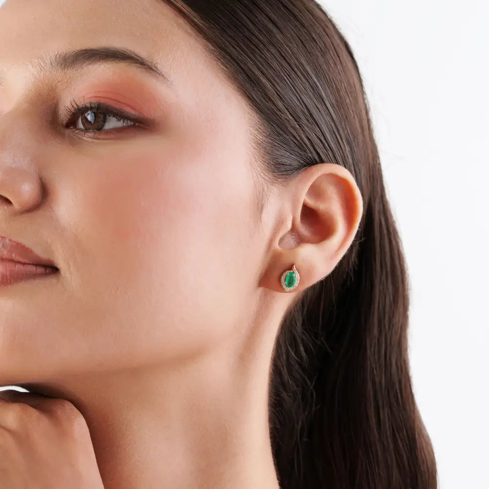 Trendy Design K14 Yellow Gold Emerald & Diamond Halo Stud Earrings For Daily Wear Jewelry