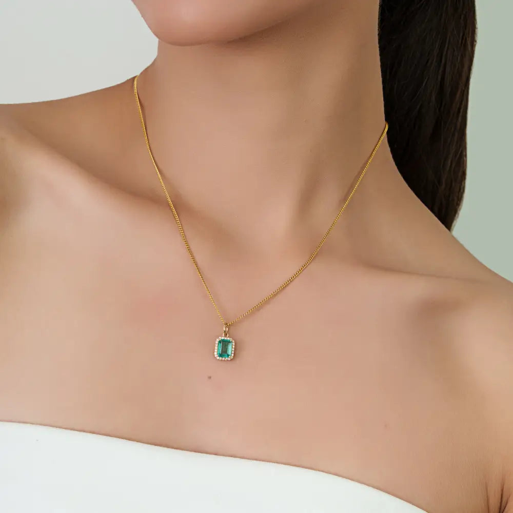Trending Design 14K Yellow Gold Emerald & Diamond Halo Pendant May Birthstone Jewelry