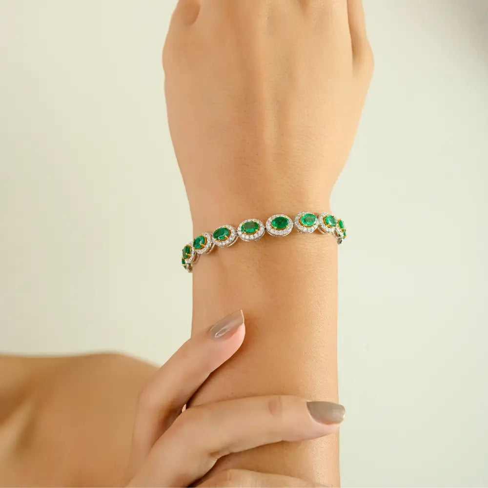 Luxurious High Quality Emerald & Diamond 18K Solid Two Tone Gold Halo Tennis Bracelet