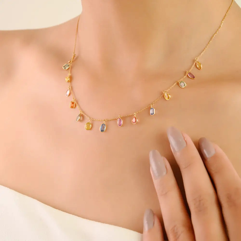 Mix Shape Colorful Multi Sapphire 18K Solid Yellow Gold Charm Chain Necklace For Women
