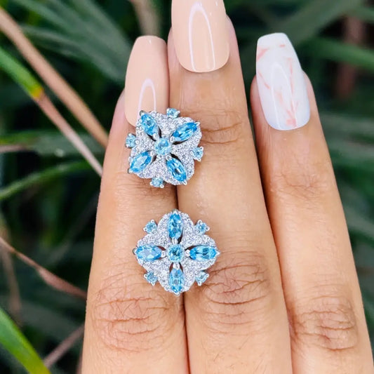 Personalized Jewelry Real Blue Topaz & American Diamond Stud Earrings Prong Setting Custom Logo