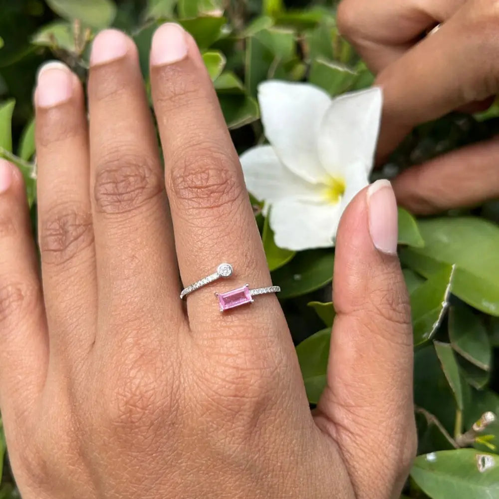 Natural Pink Sapphire & Diamond 14K White Gold Minimal Open Band Ring