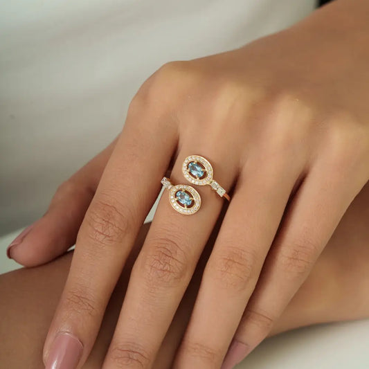 March Birthstone Aquamarine & Diamond 14K Yellow Gold Statement Bypass Ring New Jewelry