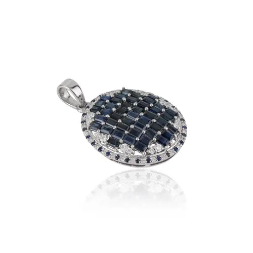 Designer 925 Sterling Silver Blue Sapphire & Diamond Oval Shape Pendant Fine Jewelry