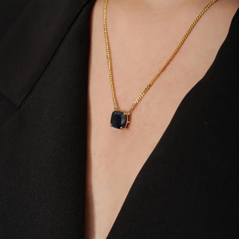 Prong Set Blue Sapphire 14K Solid Yellow Gold Cuban Chain Single Stone Pendant Necklace