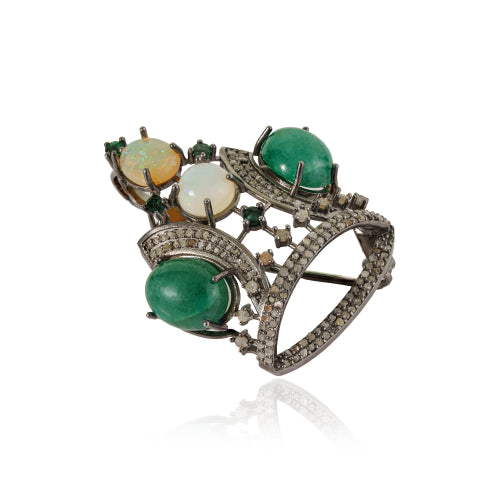 925 Sterling Silver Genuine Emerald & Opal Gemstone Crown Design Brooch Pendant Jewelry