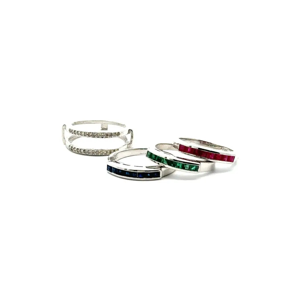 Precious Gemstone Natural Emerald Ruby Sapphire & American Diamond Changeable Ring For Wedding