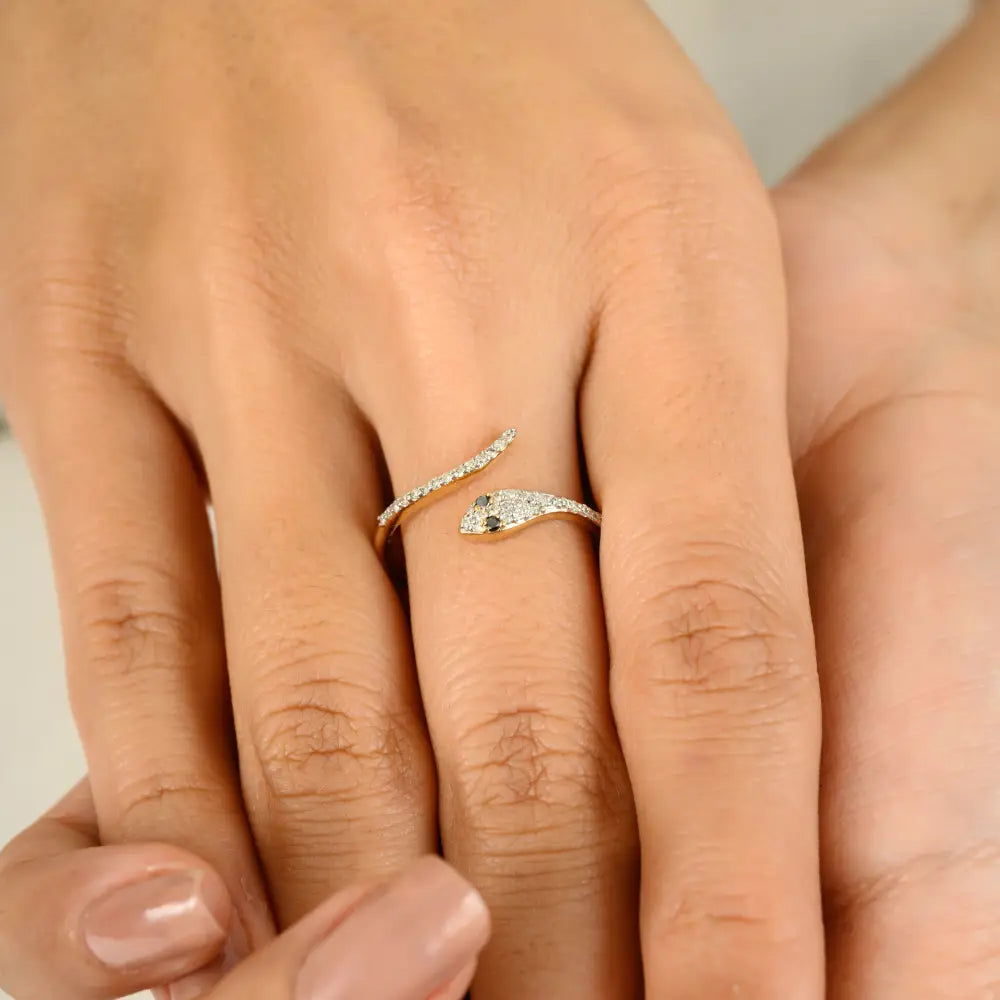 Minimalist Natural White & Black Diamond Snake Ring For Unisex 14K Yellow Gold Animal Jewelry