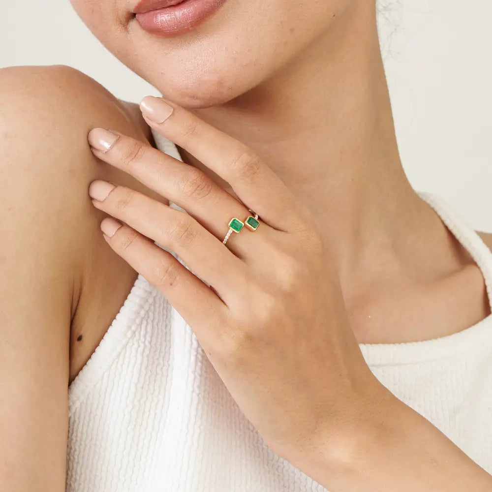 4x5 mm Octagon Cut Emerald & Diamond Open Bypass Ring Minimal 14K Yellow Gold Jewelry