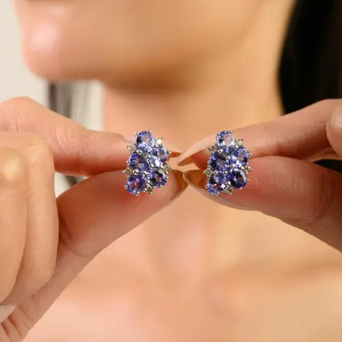 925 Silver Elegant Floral Cluster Natural Tanzanite & Diamond Stud Earrings For Women