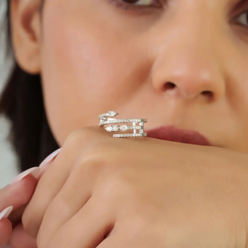 Solid K14 White Gold 100% Genuine Diamond Statement Ring Latest Design Bridal Jewelry