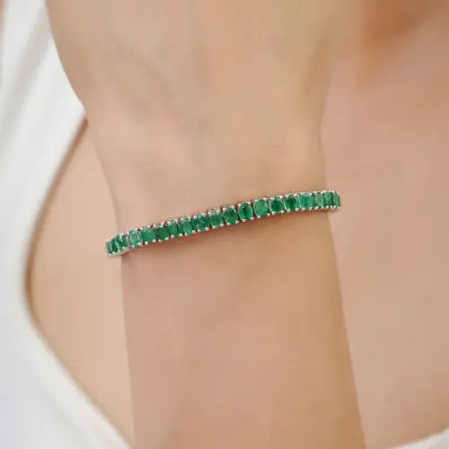 Premium Quality Natural Oval Cut Emerald Gemstone Fine Silver Tennis Bracelet For Women