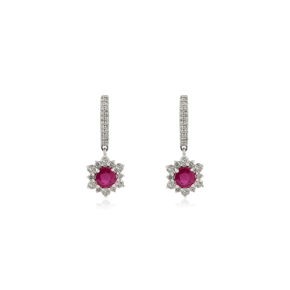 5.5 MM Round Cut Ruby & Diamond Solid 14K White Gold Charm Hoop Drop Earrings Women