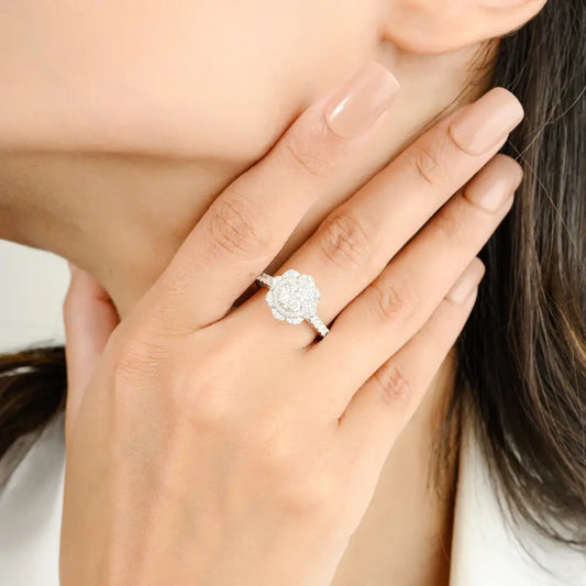 April Birthstone Natural Diamond Flower Shape Engagement Ring Solid White Gold
