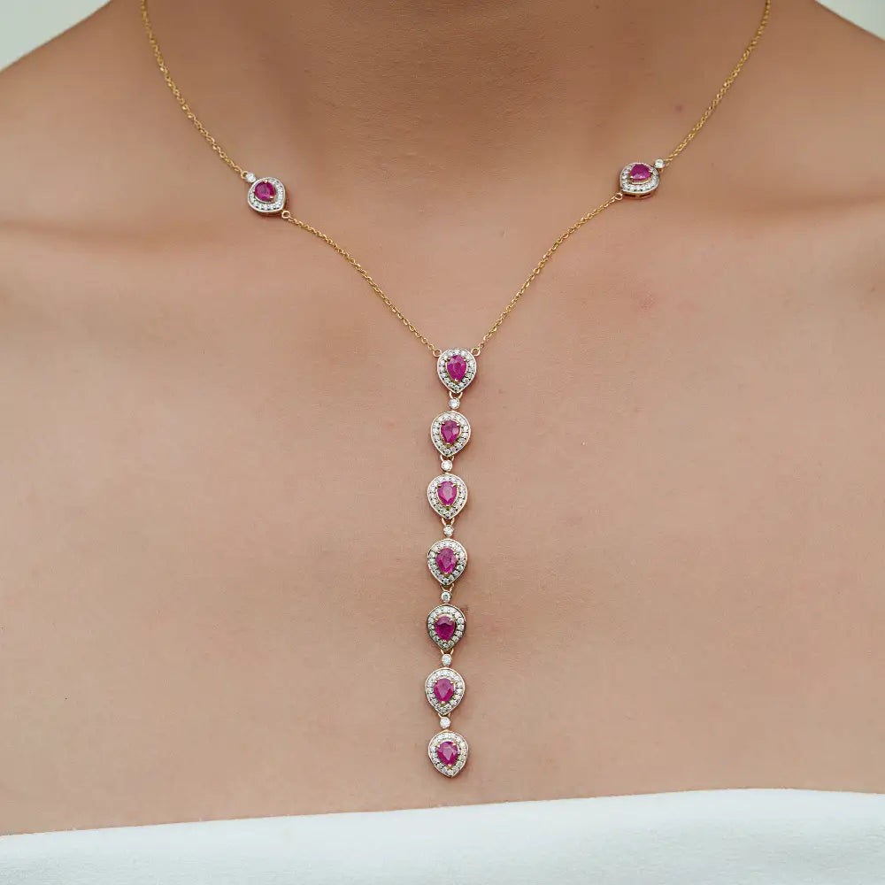 Natural Ruby & Diamond Halo Y Shape Lariat Necklace For Women Wedding 14K Yellow Gold