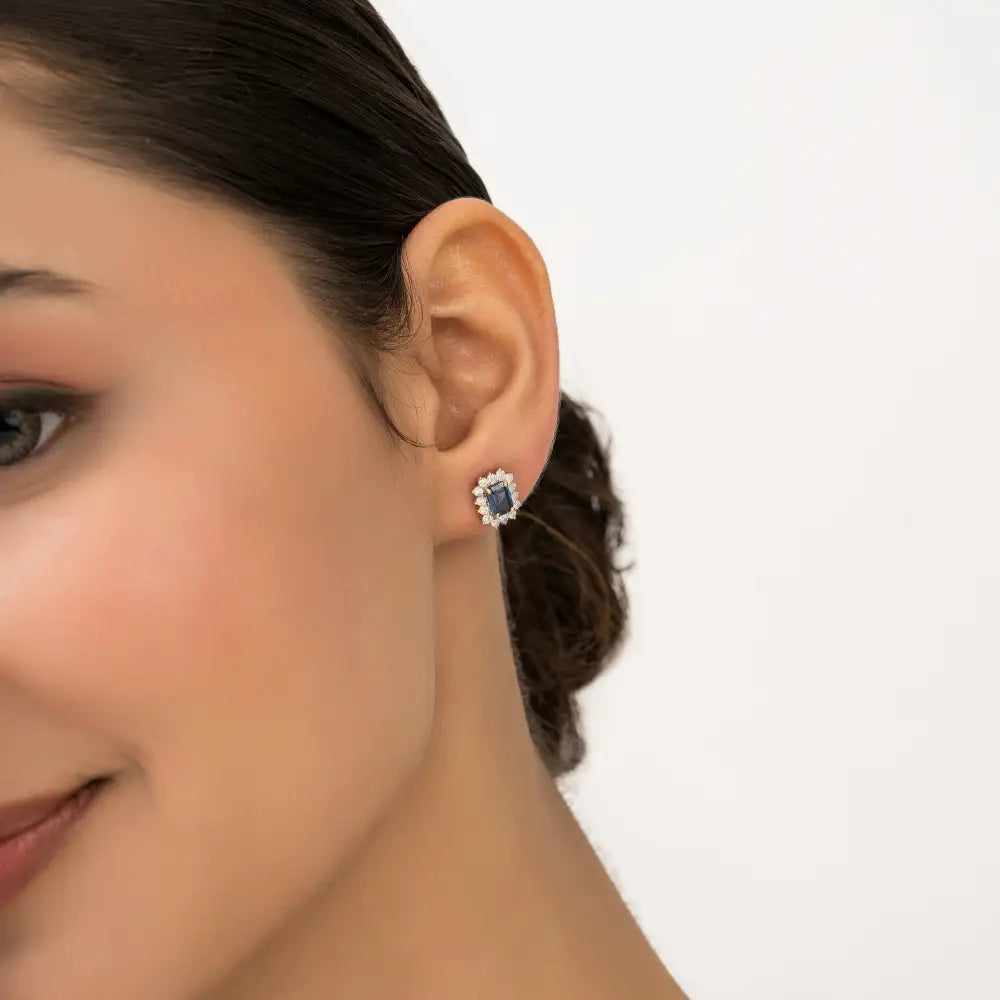14K Real Yellow Gold Blue Sapphire & Diamond K14 Yellow Gold Cluster Stud Earrings For Women