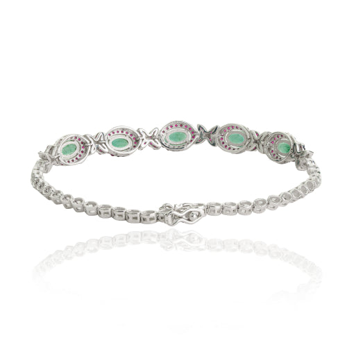 High Quality Natural Emerald & Ruby Gemstone 925 Silver Half Chain Tennis Bracelet