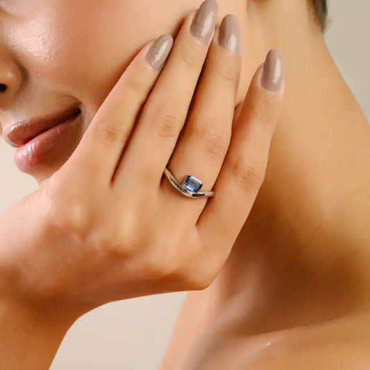 Elegant K14 White Gold Octagon Cut Blue Sapphire Unique Design Wavy Ring Wholesale Jewelry