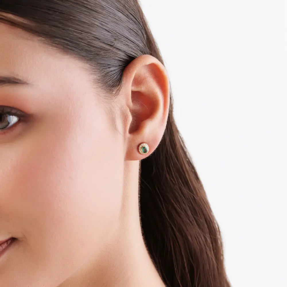 Bezel Set Emerald & Diamond Minimal Halo Stud Earrings For Girls Real 14K Yellow Gold