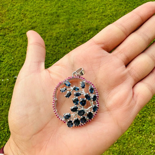 Birthstone Jewelry Real Ruby & Blue Sapphire 925 Sterling Silver Tree Of Life Pendant Necklace Set In Prong & Pave Setting