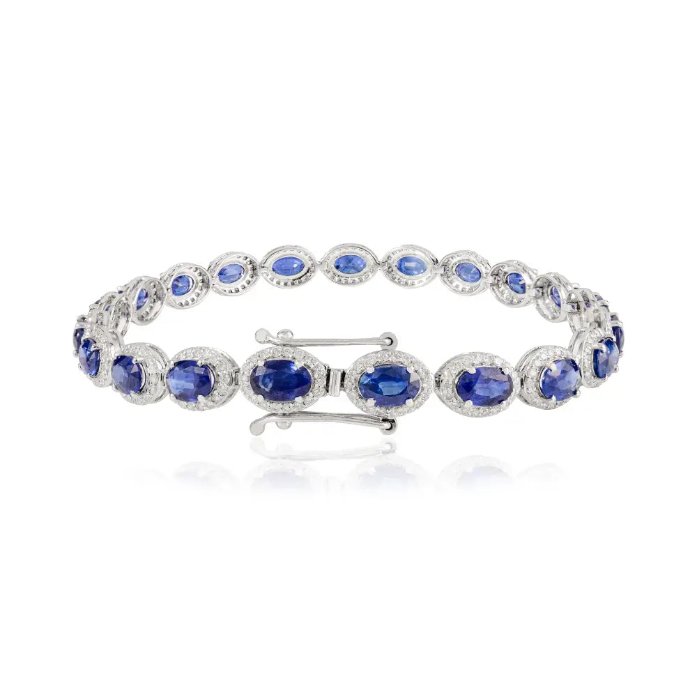 Prong Set Blue Sapphire & Diamond 18K Solid White Gold Halo Tennis Bracelet Statement Jewelry