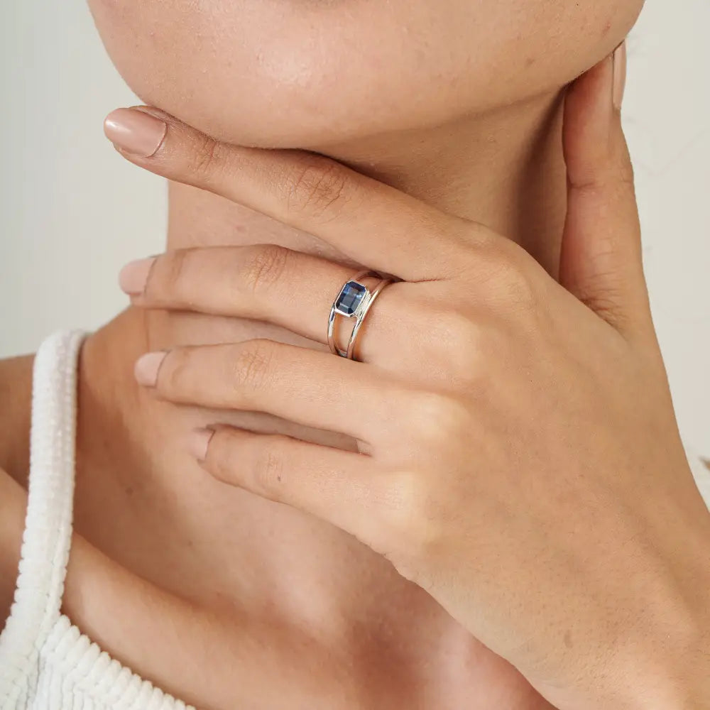 Birthstone Bulk Jewelry Blue Sapphire 14K Pure White Gold Double Band Ring For Unisex