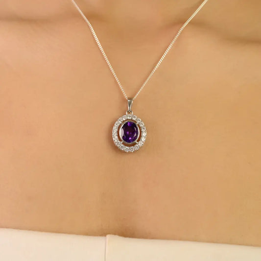 Natural Oval Brilliant Cut Amethyst Cluster Pendant 925 Silver Fine Jewelry