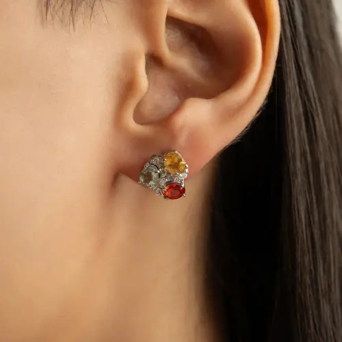 Oval Cut 100% Genuine Multi Sapphire Three Stone 925 Silver Stud Earrings For Women's