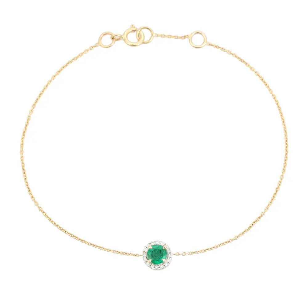 Round Cut Emerald & Diamond Minimalist Solitaire Halo Bracelet Spring Lock 14K Solid Gold