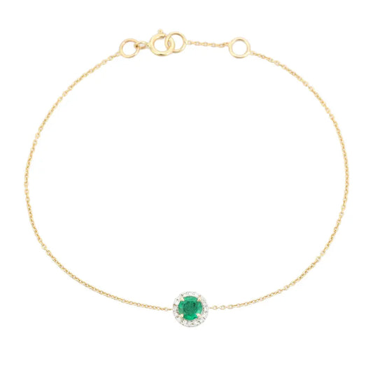 Round Cut Emerald & Diamond Minimalist Solitaire Halo Bracelet Spring Lock 14K Solid Gold