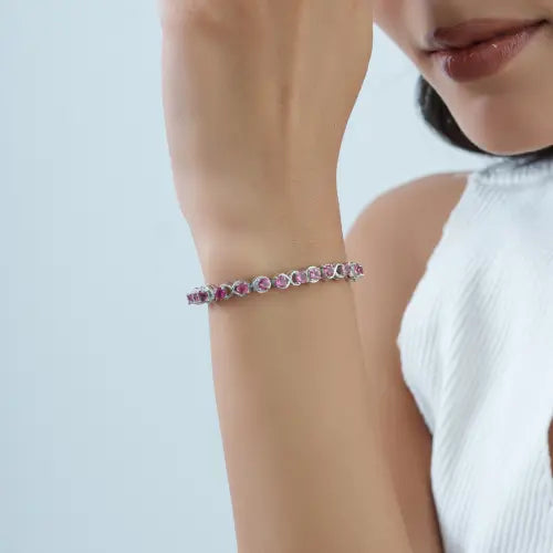 Beautiful Design 925 Sterling Silver Natural Pink Tourmaline Gemstone Tennis Bracelet